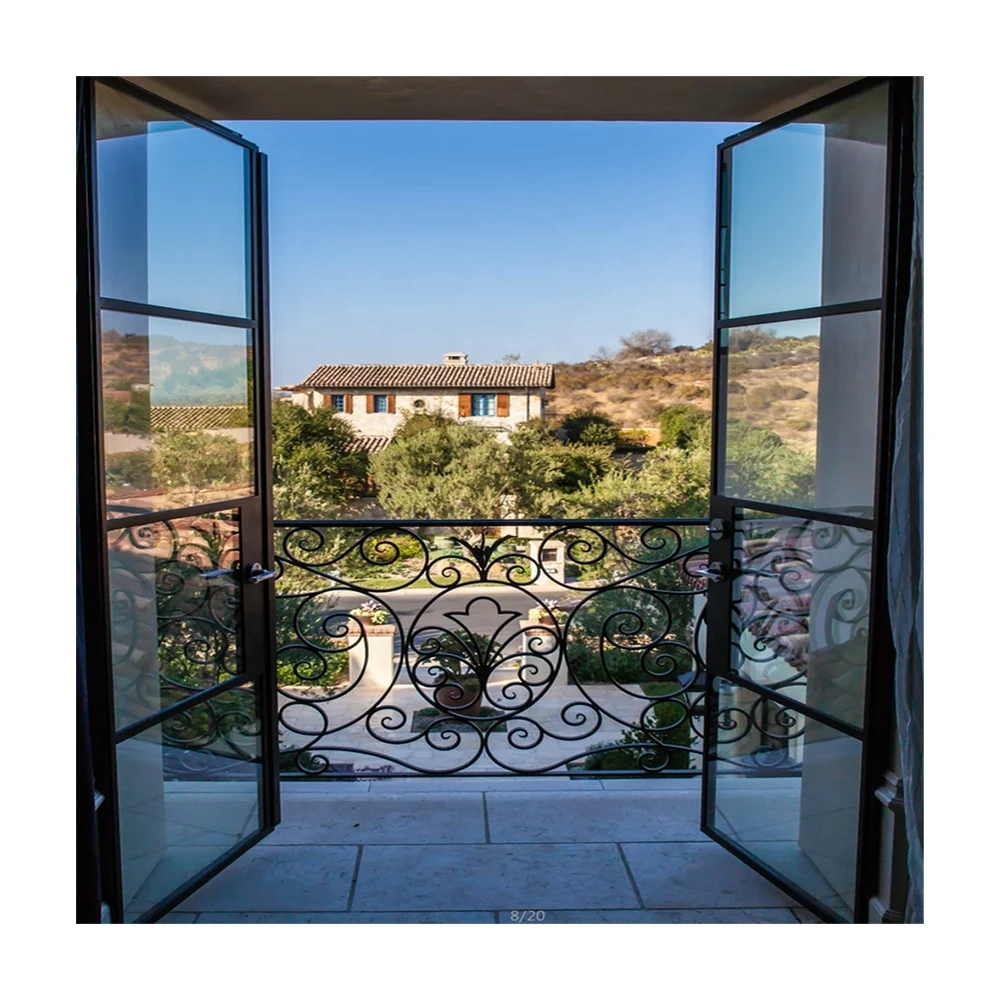 Good quality black wrought paint iron steel door with grill design steel