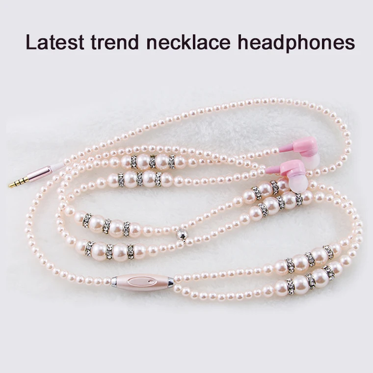 
The latest design fashion jewelry pearl necklace headphones and microphone 3.5 mm in-ear wired magnetic headphones 
