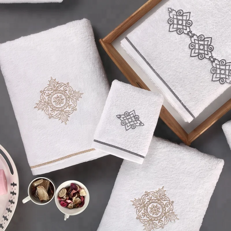 16S Cotton Luxury Hotel Home Wedding Used Embroidery Towel Face Cloth Hand Towel Bath Towel Set