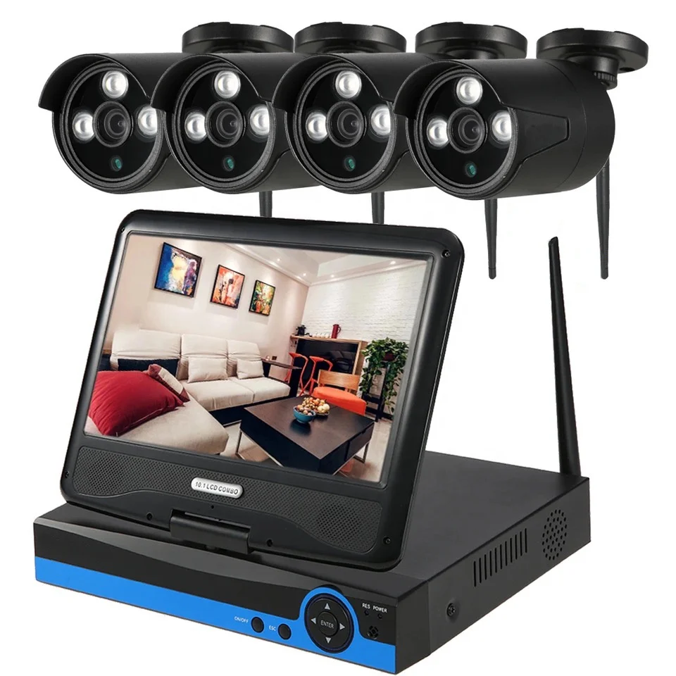4ch 1080P h.265 Wireless CCTV Camera 10.1 inch LCD Touch Screen Outdoor IP66 Waterproof P2P NVR Kit Security System