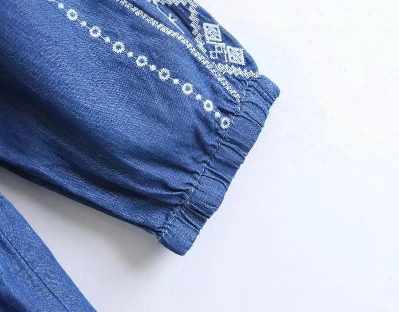 D&S factory dropshipping stretch denim embroidered dress frock knee length women dresses