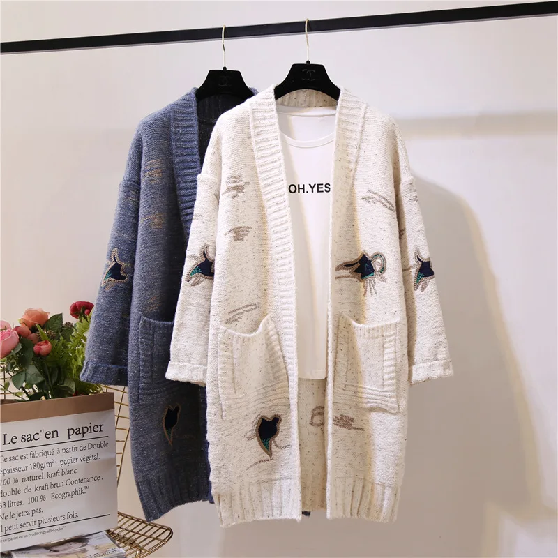 2018 winter autumn latest v-neck front open embroidery lady packets coat women knitted long cardigan