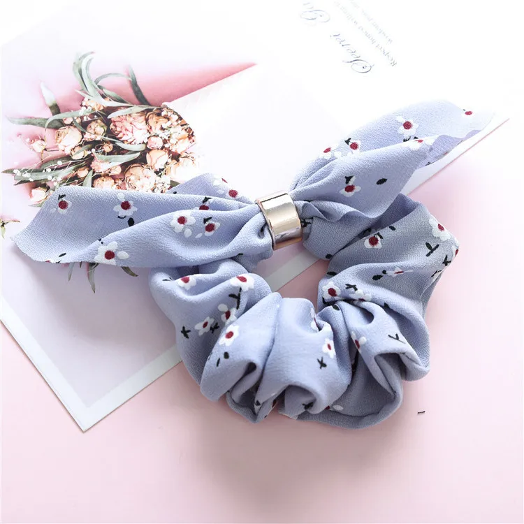 Fashion flower print hair scrunchies bunny ear ponytail holder hair ties women