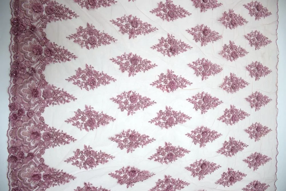 Latest products pink flower embroidery tulle fabric high quality bridal lace with beads fabric in market HY0993-1