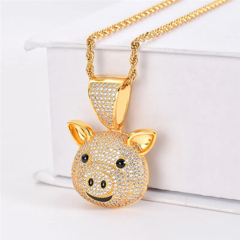 New Arrived Micro Paved Zircon Gold Plated Animal Pig Pendant Necklace Men HipHop Jewelry
