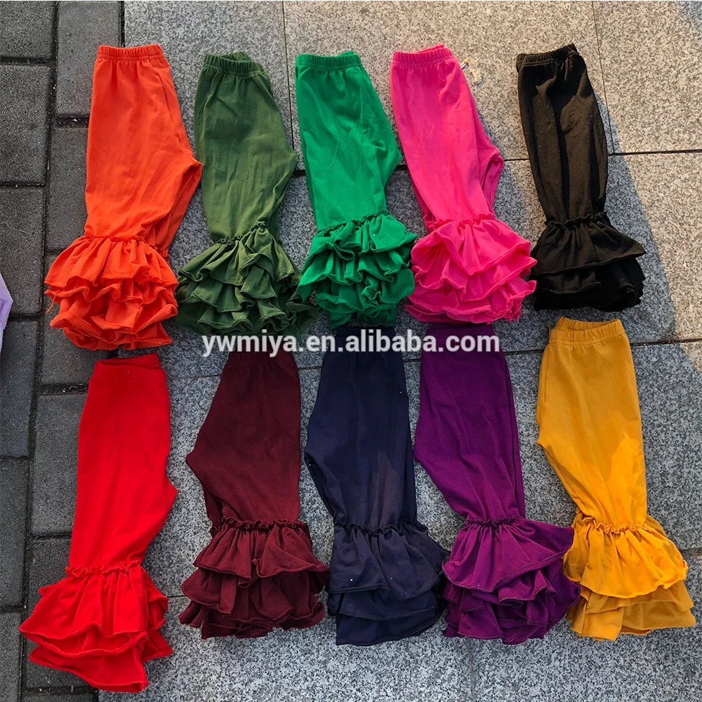 MY 305 hot selling triple ruffle pants for baby girls casual 100% cotton knit long pants multi colors Toddler boutique