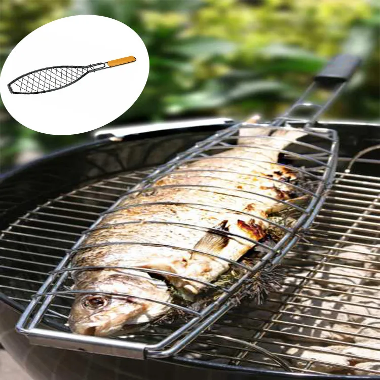 Barbecue Outdoor Kitchen BBQ Fish Grid Grilling Fish Basket Folder Tool BBQ Fish Net With Wooden Handle