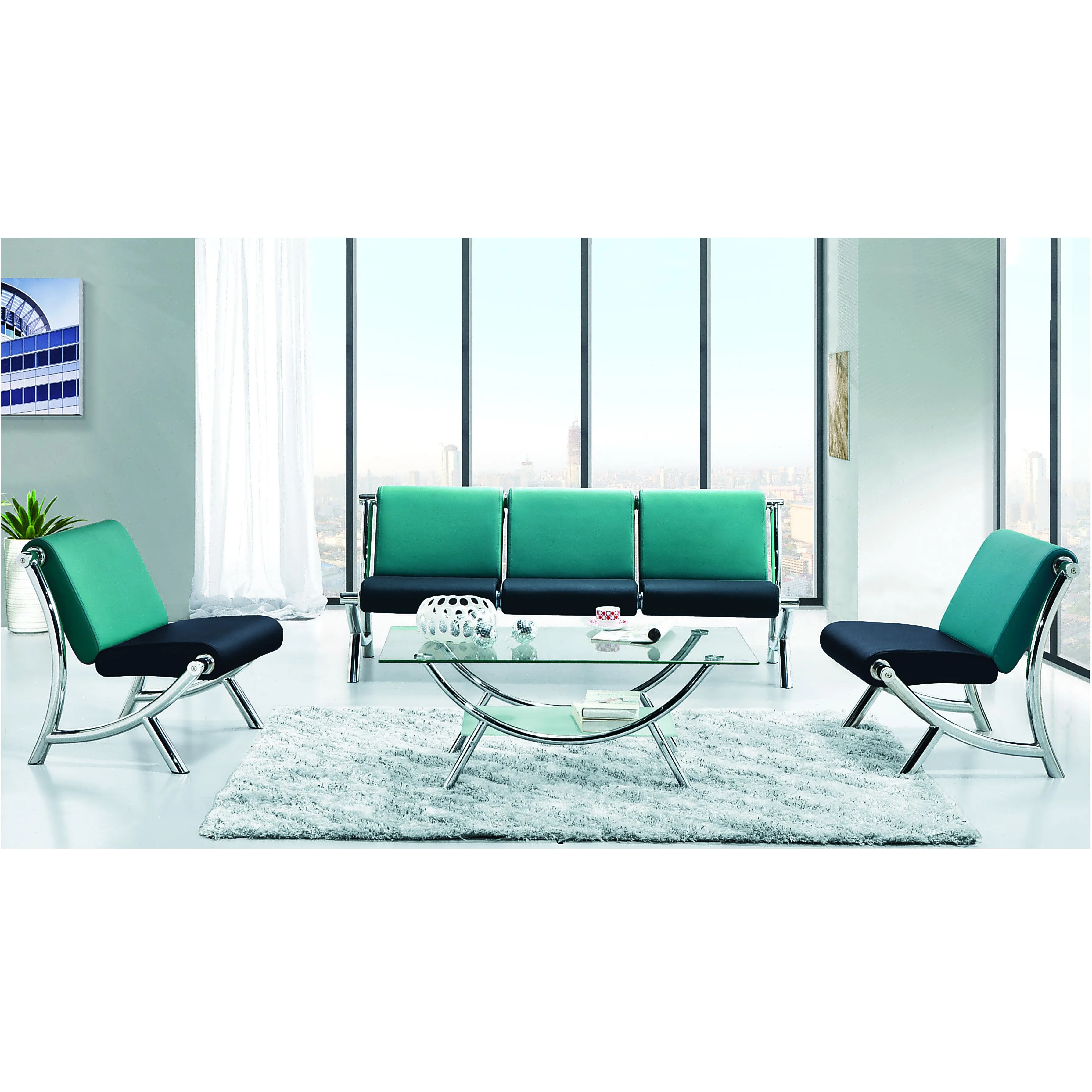 Металлические ножки, черный кожаный полиуретан, 123 мест, офисный диван для стойки