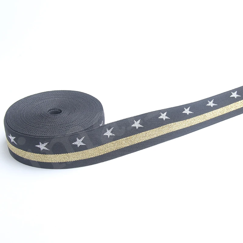 Черная жаккардовая тканая тесьма золотая линия многоцветная с 5 звездами Серебряный Логотип 2 дюйма