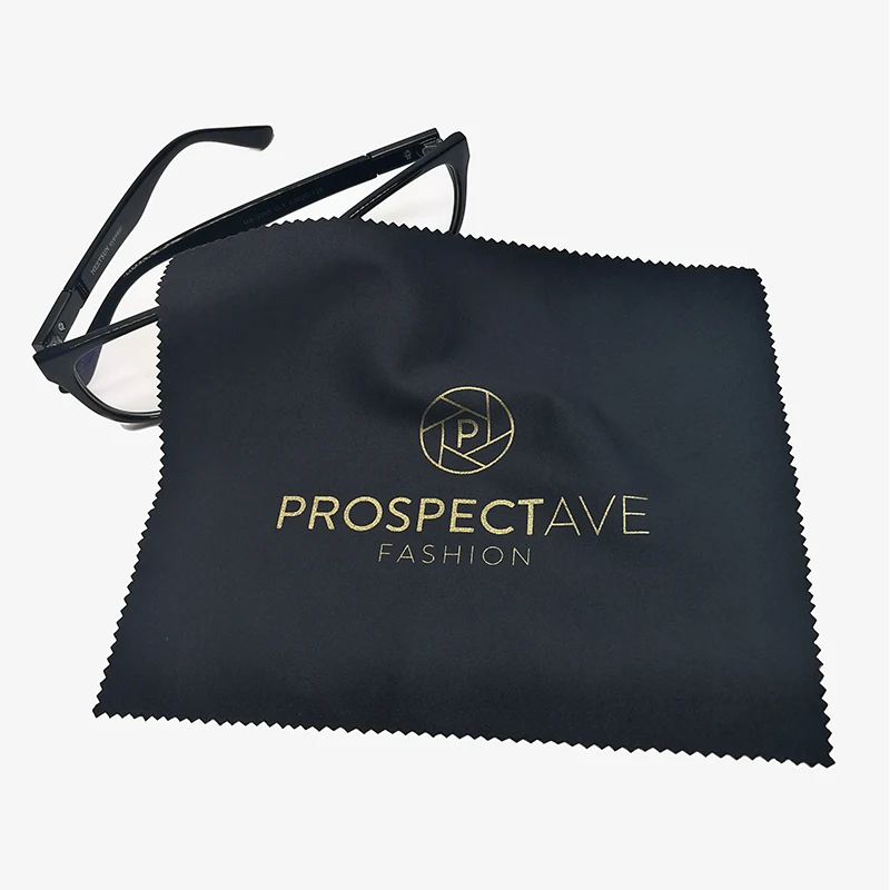 Microfiber black eyeglasses lens cleaning cloth with custom gold stamped logo