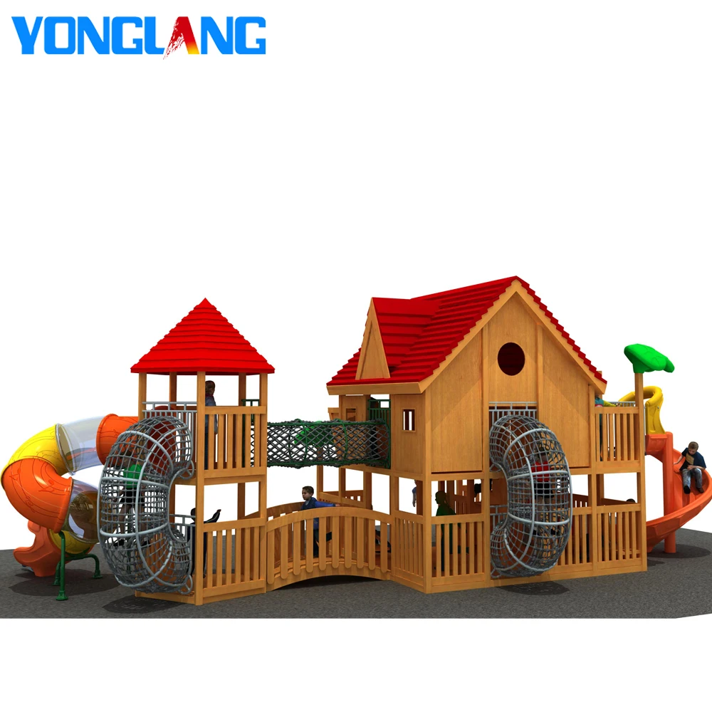 YL-M040 European Style Wood House Series Kids Play House Outdoor Playground , Commercial Wooden Outdoor Playground For Sale