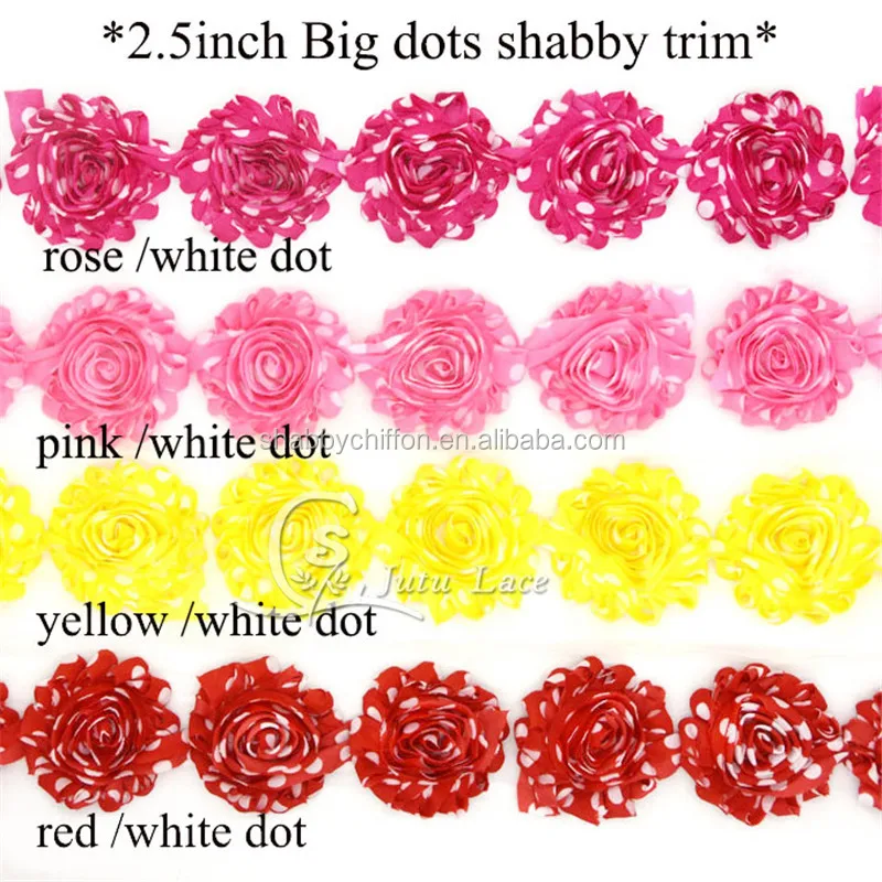 
Wholesale decorative Shabby Flower trim By The Yards , Rosette Chiffon Fabric Flowers in printed polka-dots color 