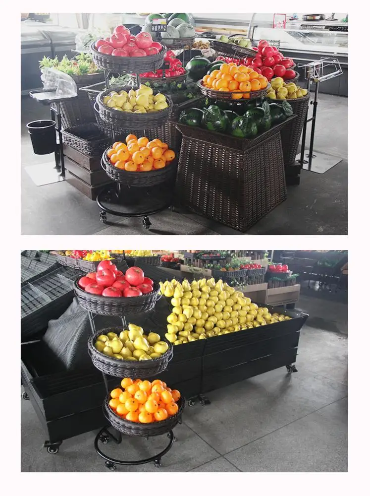 Трехслойная витрина для фруктов и овощей с корзинами из полипропилена и ротанга