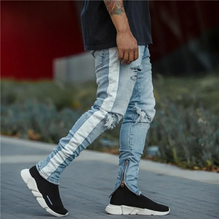 Royal wolf track pants factory tape printed jeans men side stripe jeans fashion trousers white striped jeans
