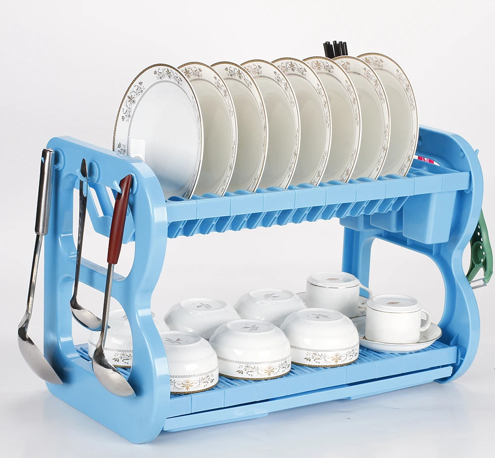 wholesale home kitchen Multipurpose 2 tiers blue ABS plastic storage tableware dish rack