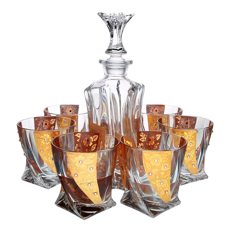 Bohemia Crystal Gold Whiskey Decanter Set with Stopper and 6 Cups crystal decanter