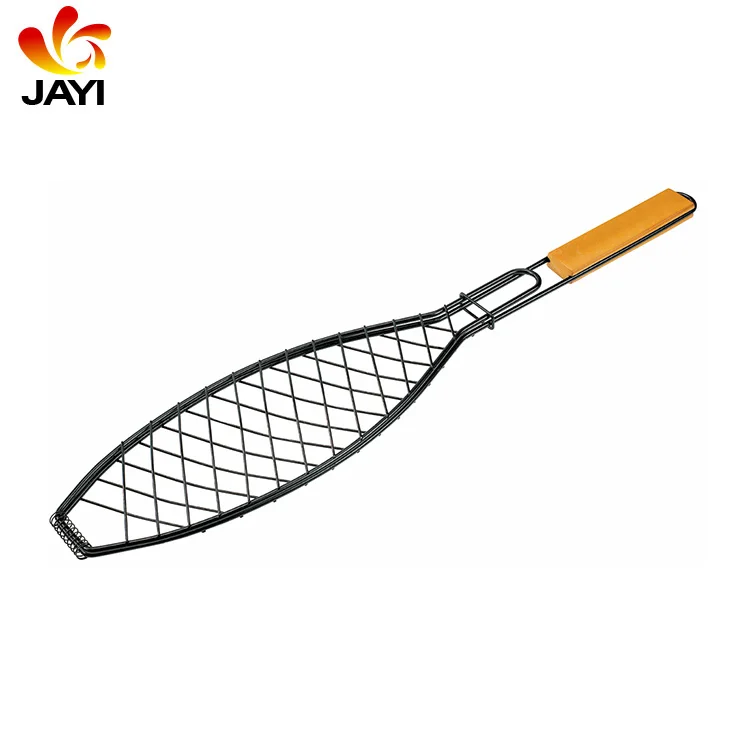 Barbecue Outdoor Kitchen BBQ Fish Grid Grilling Fish Basket Folder Tool BBQ Fish Net With Wooden Handle