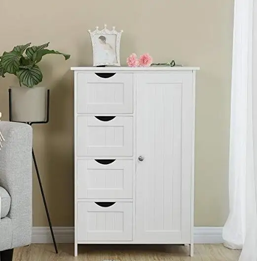 Bathroom 4 Drawer Cabinet White Wooden Storage Cupboard Standing Unit