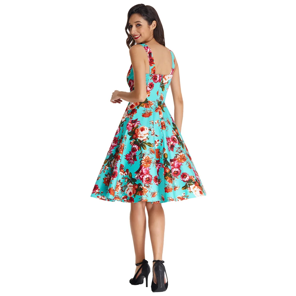 BP000416 Sleeveless V-Neck Flared Cotton Floral Printed A-Line Retro Vintage Dress