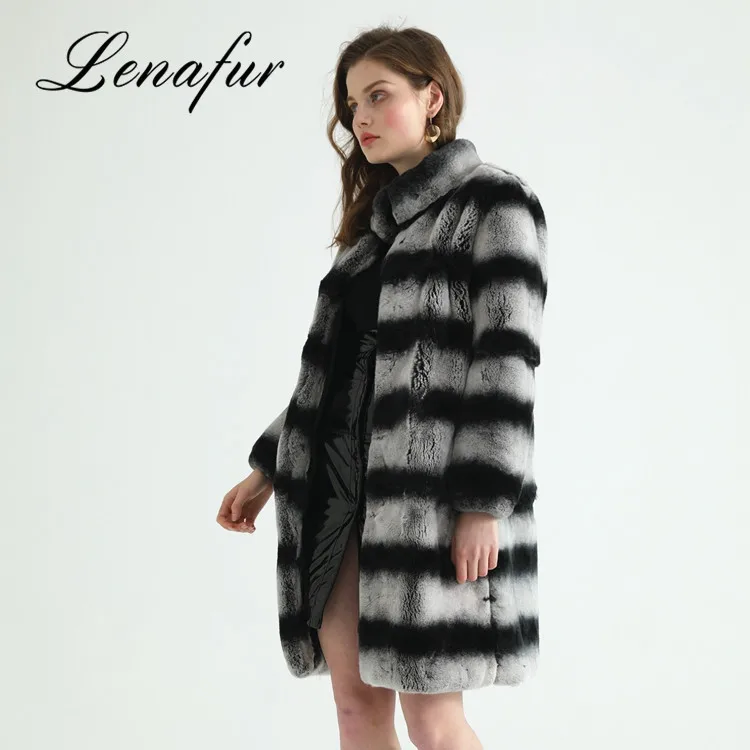 Fashion Custom Made Black Gray Stripe One Whole Leather Real Rabbit Fur Coat for Women
