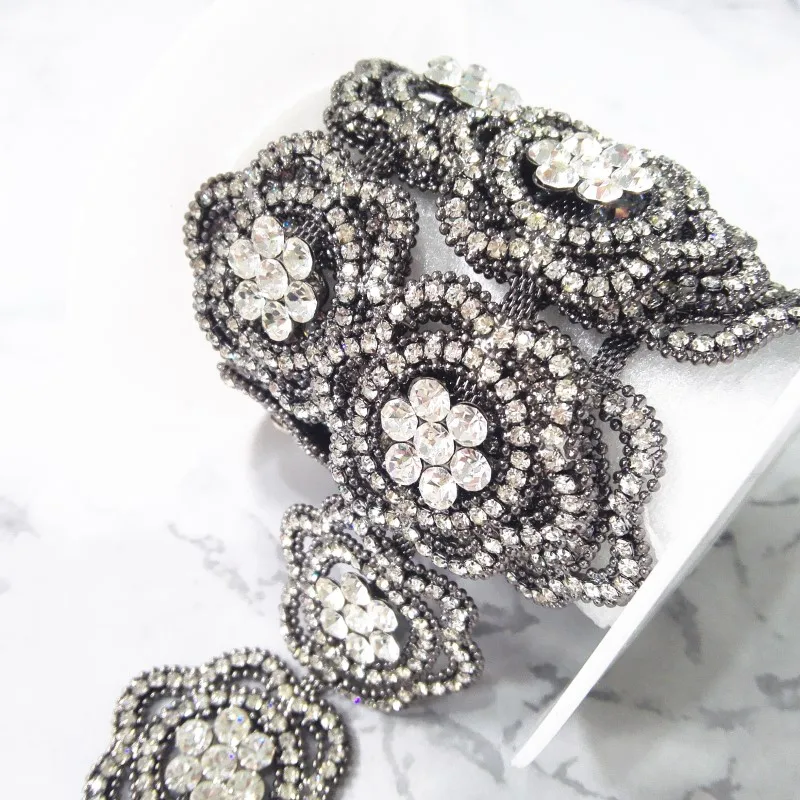 Antique Silver Flower Trim Rhinestone Applique Chain for Garment