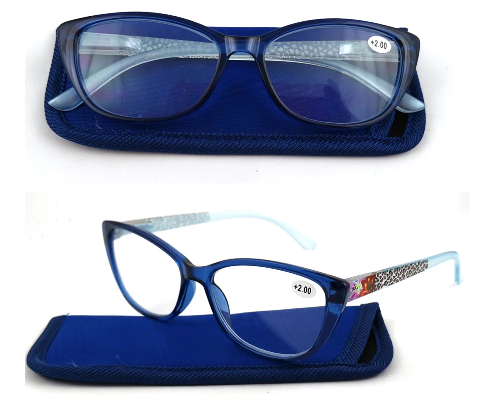 cat eye women fashion reading glasses with leather cases.