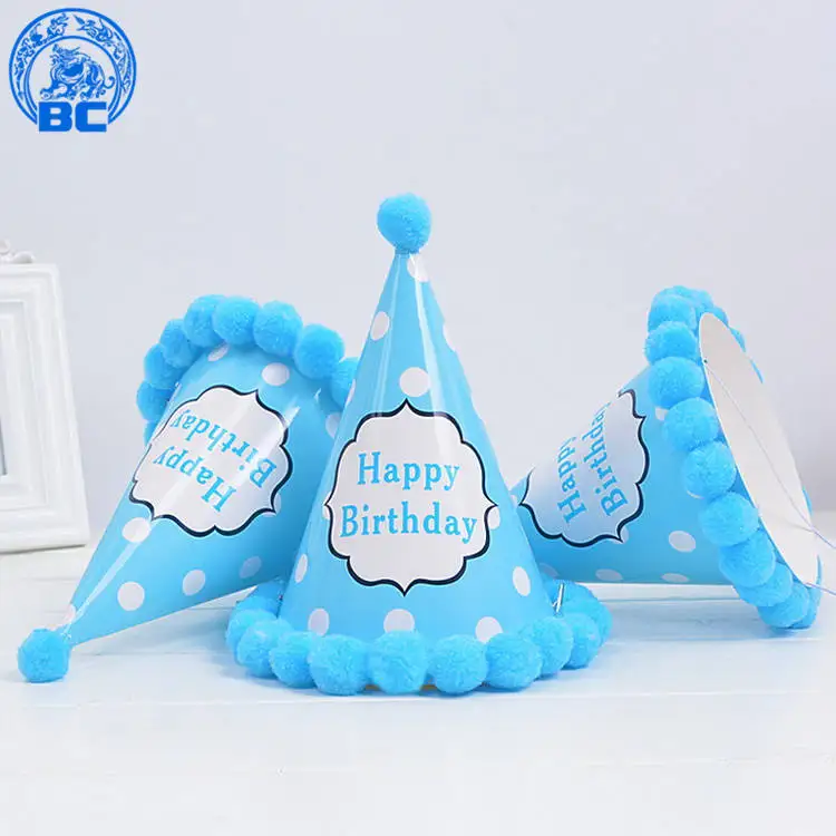 
2018 Wholesale party supplies kids birthday paper cone hat with pom poms 