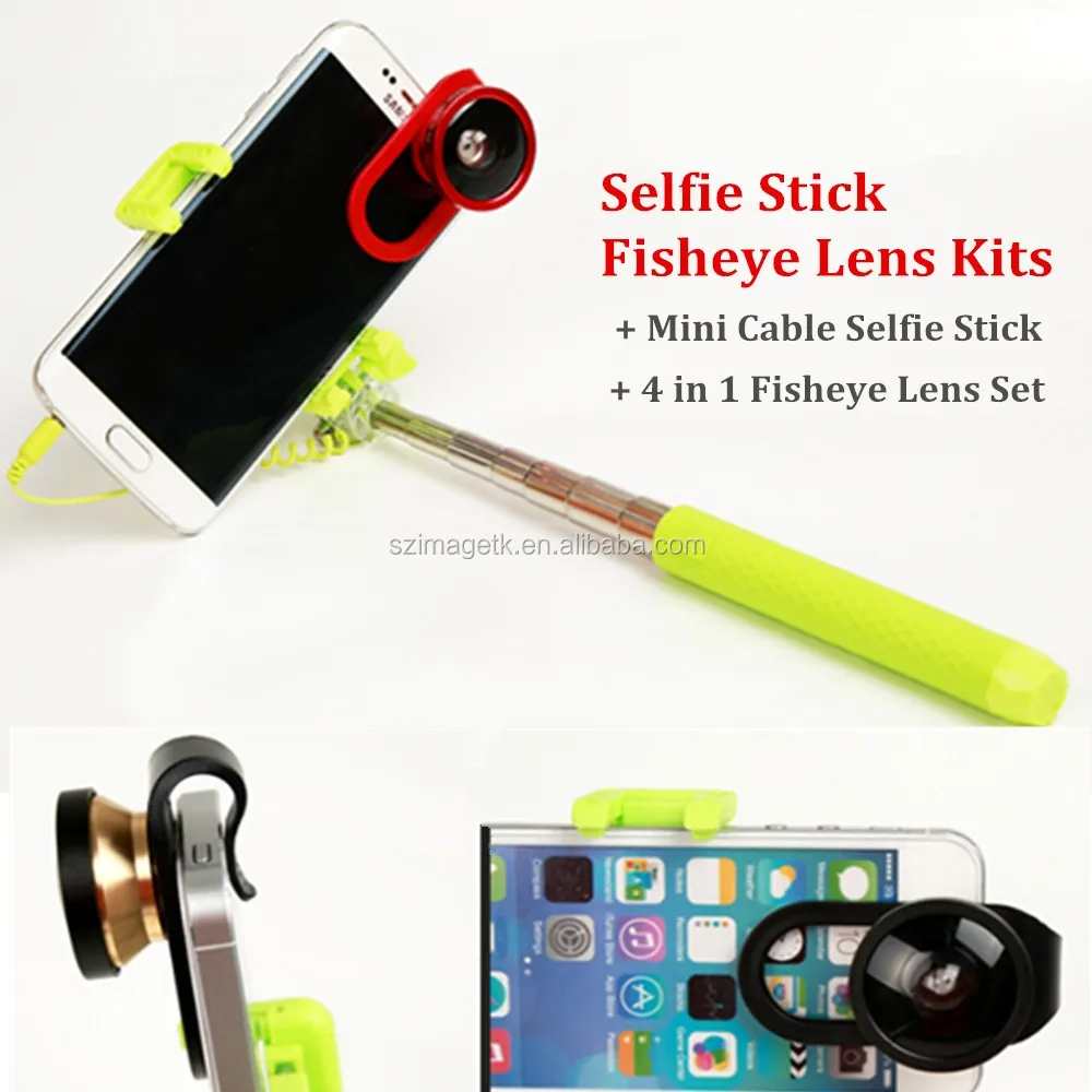 2015 популярные проводной кабель selfie придерживайтесь монопод + рыбий глаз объектив для телефонов