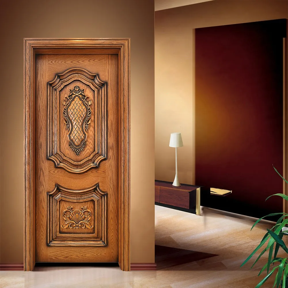 Wooden Doors High Quality Solid Wood Carving Single Front Door Solid Thailand Oak  Custom groove Carving Door