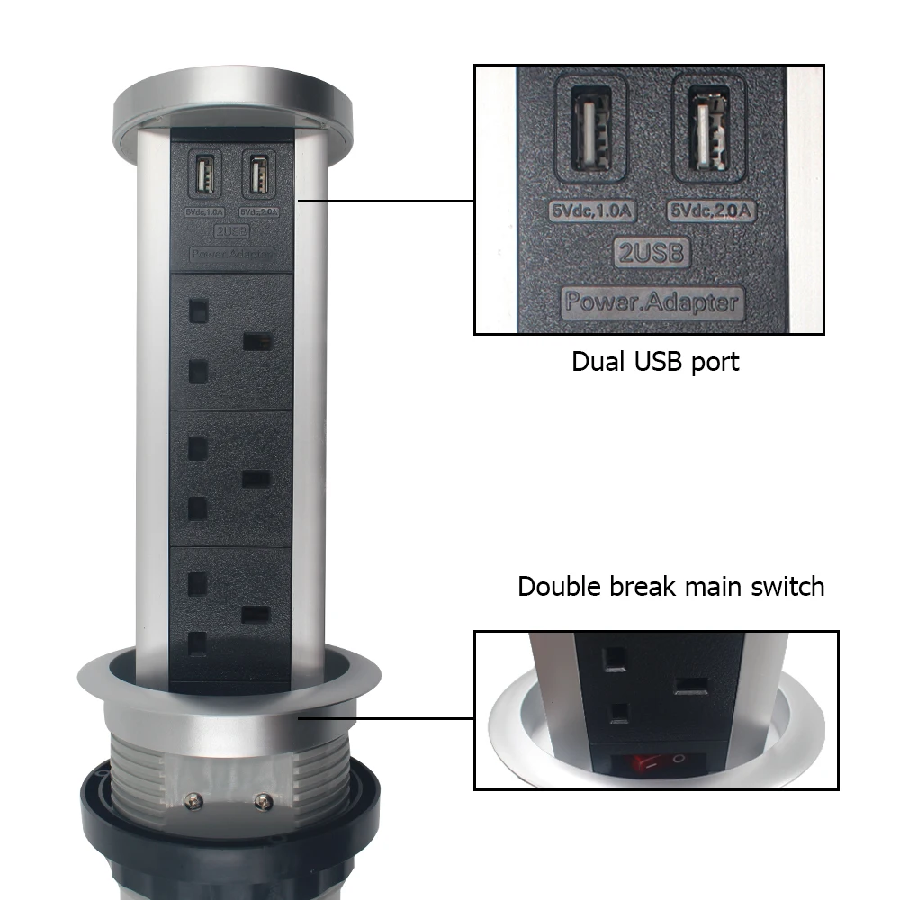 
3UK Plug & 2 USB intelligent wireless charing retractable power motorized tabletop desk smart pop up power strip 