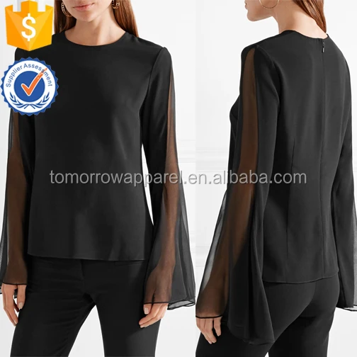 
Black Silk Organza Trimmed Crepe Top OEM/ODM Manufacture Wholesale Fashion Women Apparel (TA7028T) 
