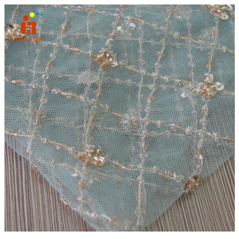 HLSD176 Luxury Tulle Lace Fabric Sequin Embroidery Beaded Lace Fabric On Polyester Mesh With Embroidery