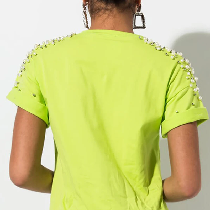 
Custom Wholesale Neon Green Pearl Embellished Short Sleeve T Shirt Women 