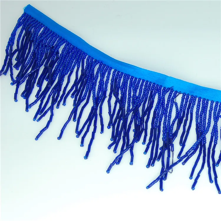 Wholesale blue ribbon bugle tassel trimming beaded fringe for dress costume