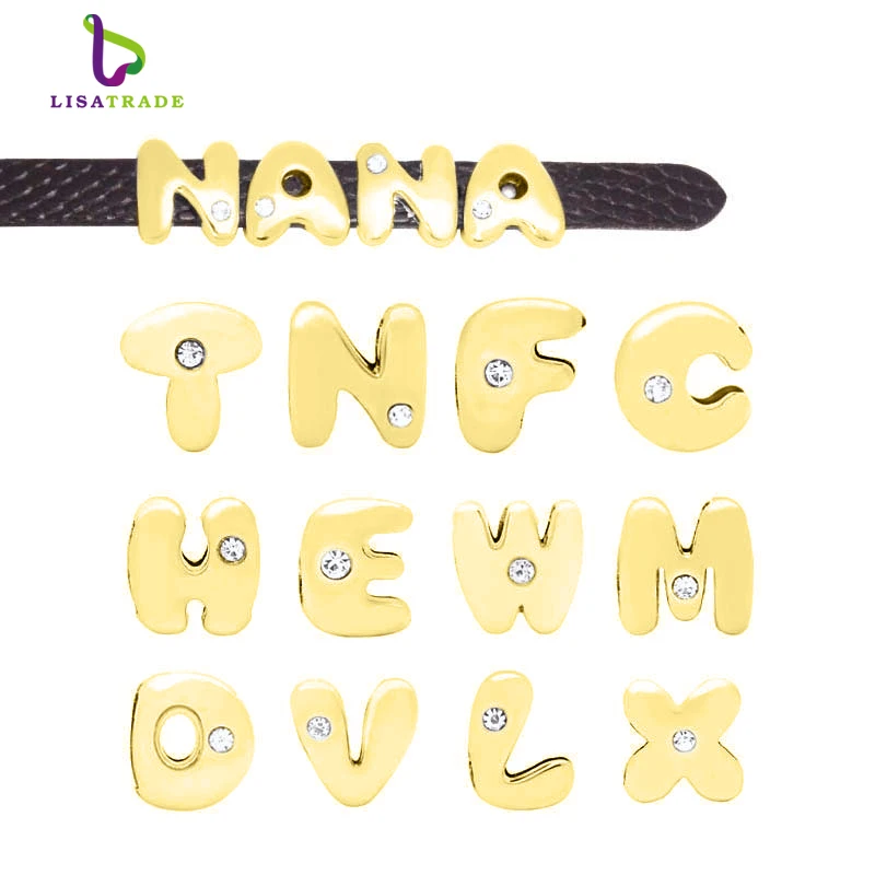 8MM Gold Color Rhinestone Alphabet Sliding Charm Slide Charms Wrist Strap Bracelet for Bracelets Making Accessories