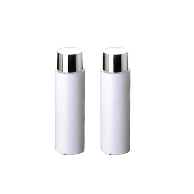 High quality 100ml 150ml 200ml white round shape lotion toner bottle with silver screw cap