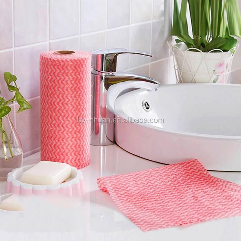 1 Roll Non-Woven Fabric Washing Cleaning Cloth Towels Kitchen Towel Disposable Striped Practical Rags Wiping Scouring Pad