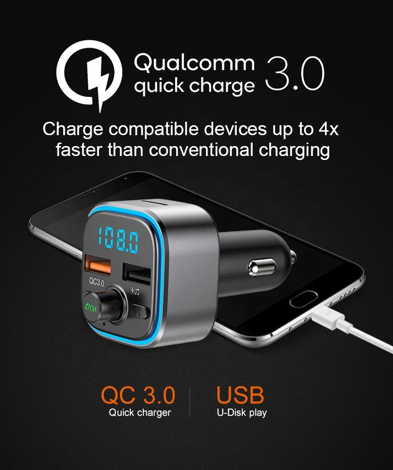 AGETUNR T32 Bluetooth V5.0 автомобильный комплект U диск/SD карта QC3.0 зарядное устройство Громкая связь стерео FM-передатчик MP3-плеер световой
