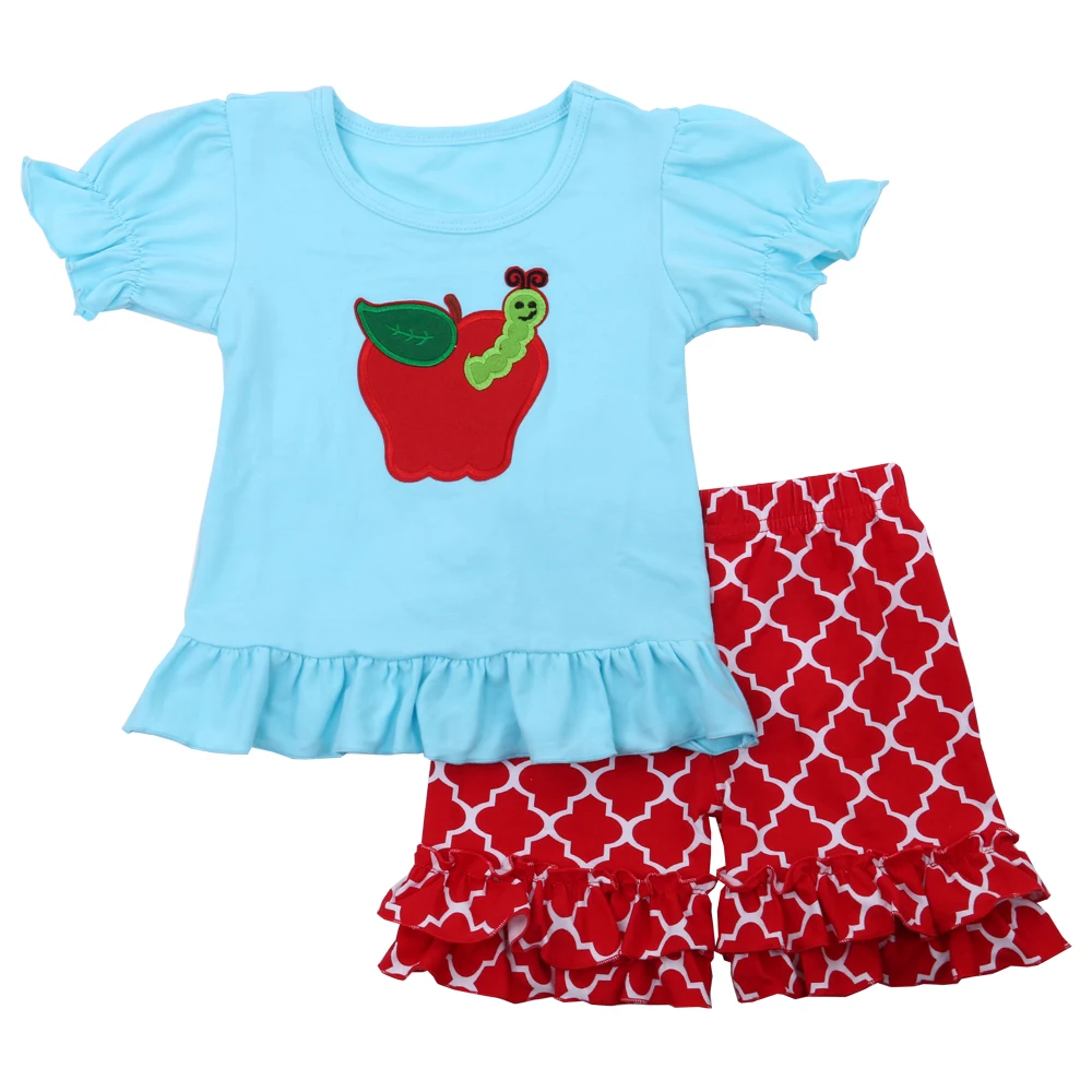 Summer kids girls clothing short sleeve blank cotton top shirts with appliques and shorts back to school outfit