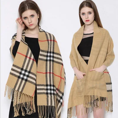 
Reversible Long Scarf Cashmere Feel Stole with Pocket Europe and America oversized thick pocket fringed cashmere plaid scarves 