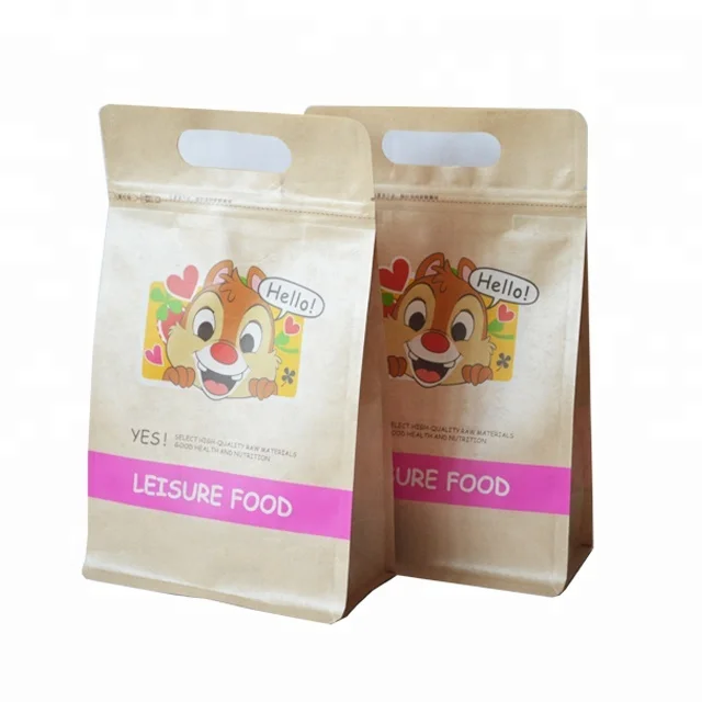 Handle Hole Top Gravures Printed  Recyclable Kraft Paper Square Bottom Plastic Bag