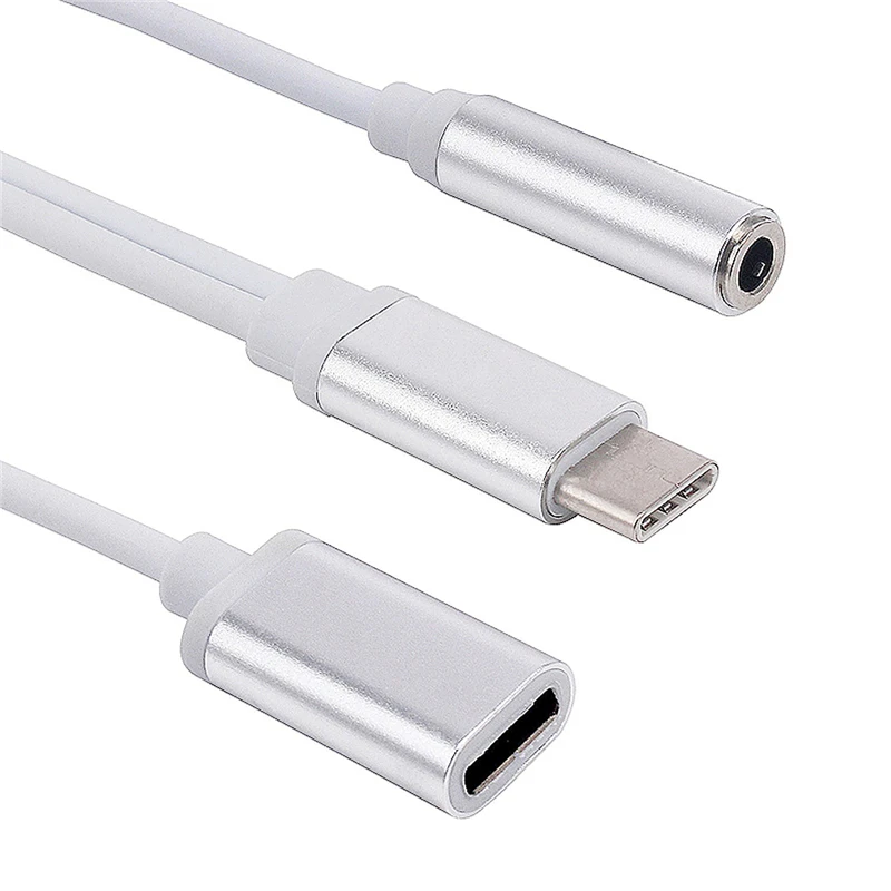 2 in 1 USB 3.1 Type-C Charger 3.5 mm Audio Headphone Jack Adapter Cable - Silver
