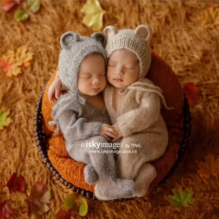 Wool clothes Cap Knitted Baby Teddy Bear Hat and footed Romper Crochet Baby Outfit Photography Props