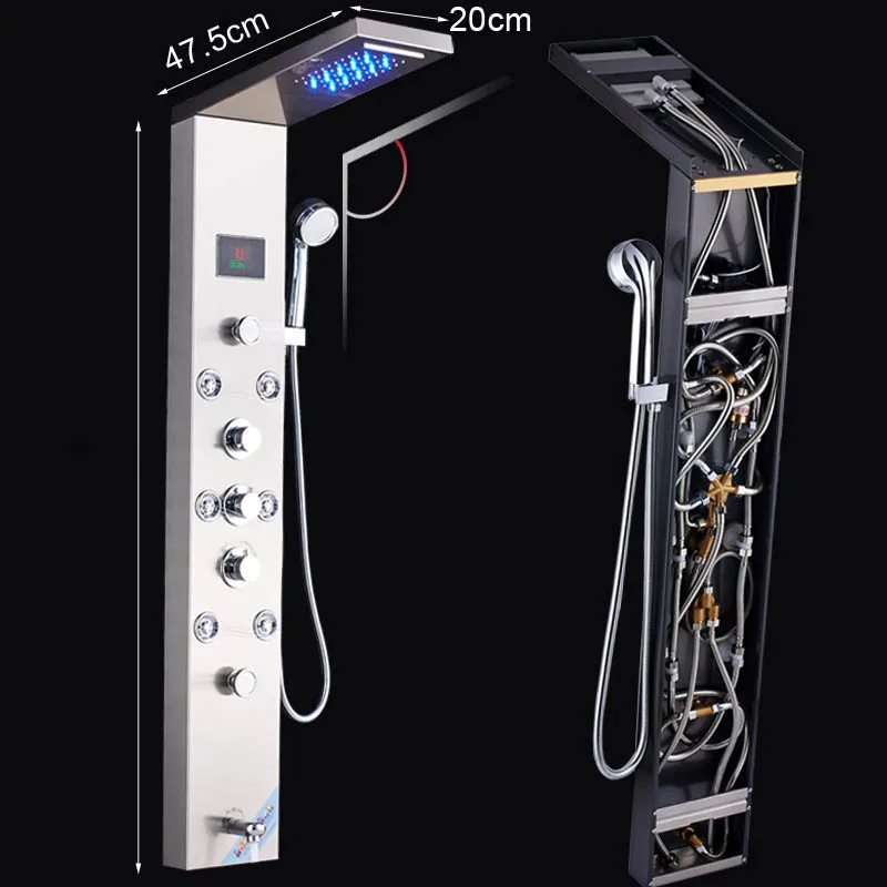 
Luxury LED Shower Column Faucet Brushed Nickel SPA Massage Jet Shower Panel Tower Tap Digital Temperature Screen Bathroom Faucet 
