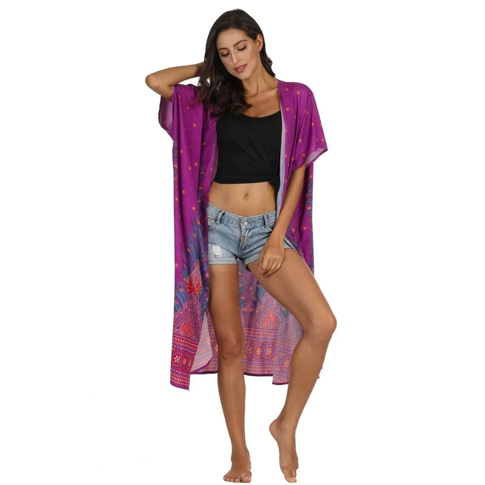 Printed Women Beachwear Fashion Beach Sun-protective Quick Dry Short Sleeve Long Blouse Elegant Cardigan Blusa Praia