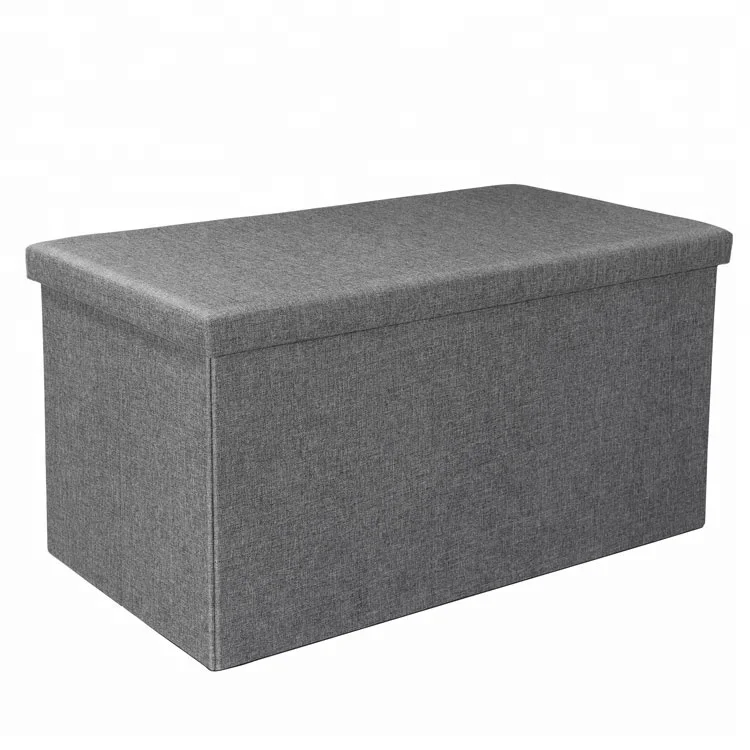Linen fabric cover folding storage ottoman bench with tray