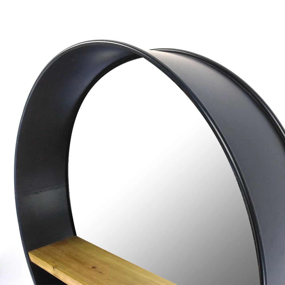 31 inch 79.5cm hanging round black wall mounted metal frame mirror decorative with solid wood shelf for bathroom or living room
