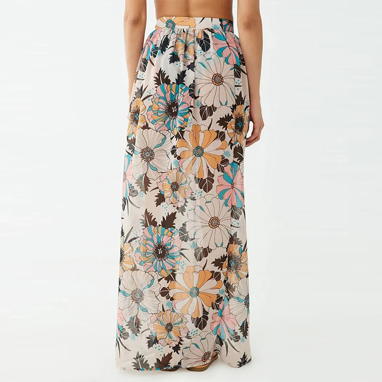Summer Fashion Ladies Beach Open Front Chiffon Floral Bohemian Swim Cover-Up Long Maxi Skirts