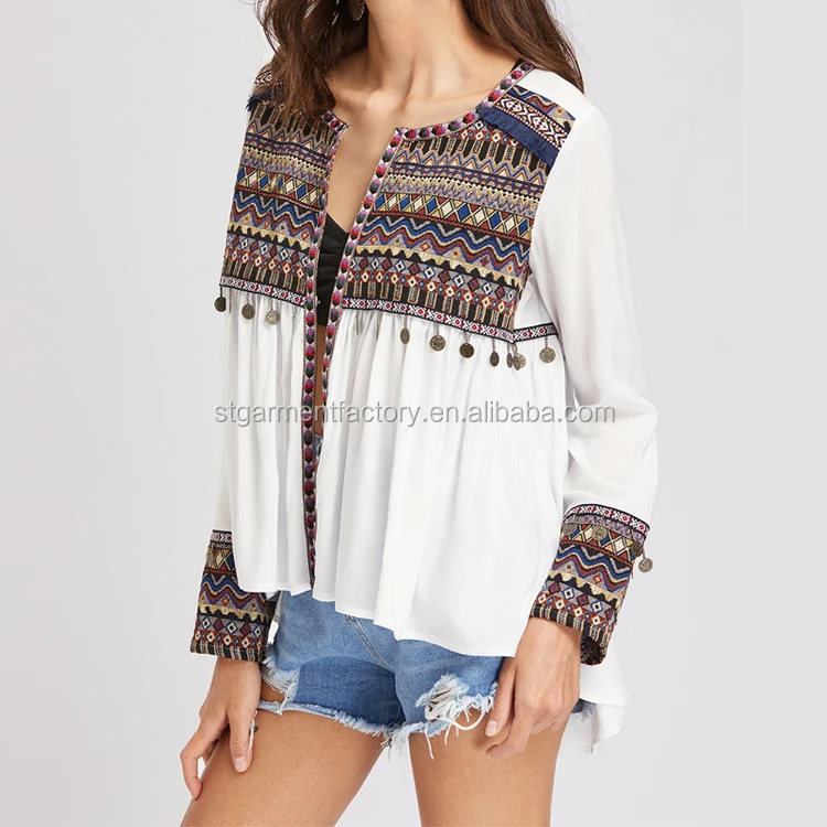 Винтажные топы с вышивкой для девочек; Весенний Повседневный Кардиган вышивкой; Красивые блузы и топы; Sta-00352