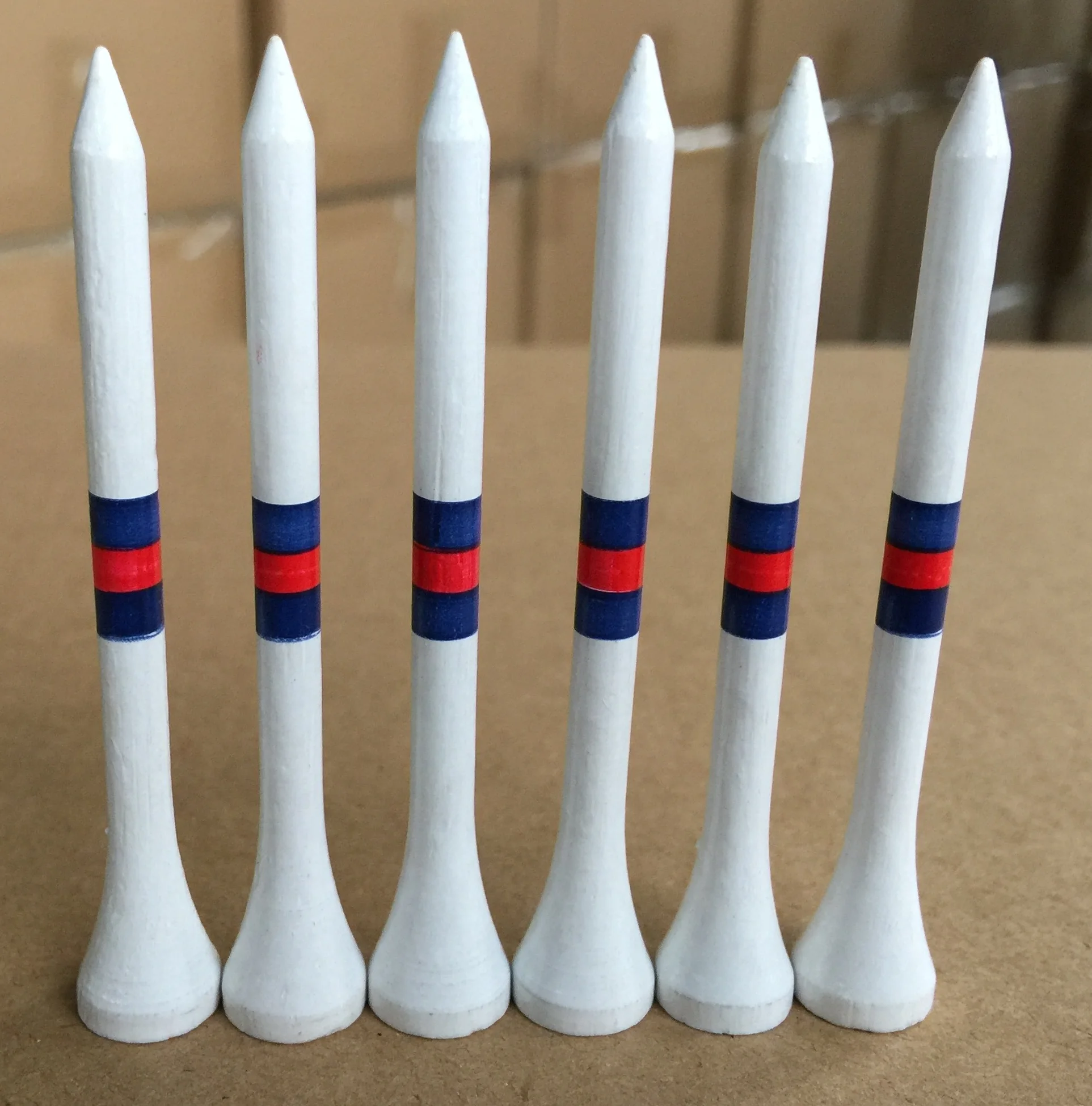 
high class wooden golf tees with two color stripes printed on shank 
